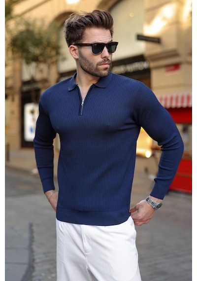 Madmext Lacivert Polo Yaka Yarım Fermuarlı Dokulu Erkek Triko Kazak E7510