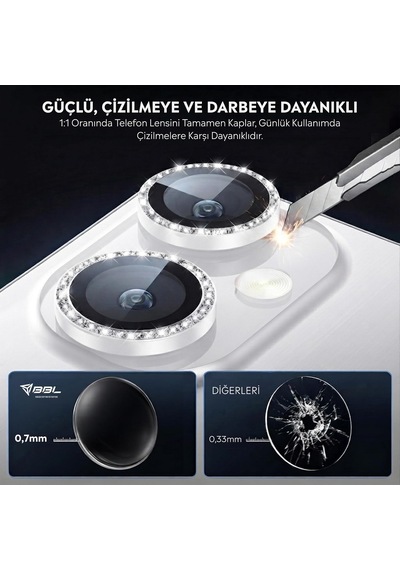 İphone 16/16 Plus İle Uyumlu Elmas Kaplı Taşlı Kamera Lens Koruyucu Alüminyum Alaşım Çerçeveli Telefon Lensi Temperli Cam Koruma Beyaz