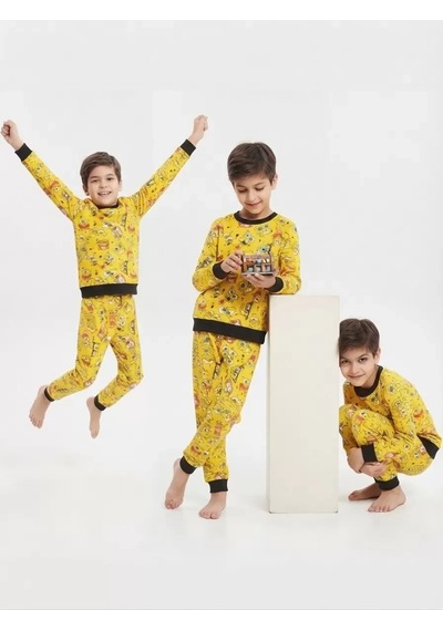 Veraura Lifestyle 4/10 Yaş Karakter Baskılı Pamuk Penye Çocuk Pijama Takımı Sarı