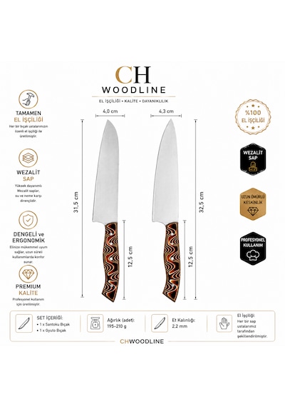 CH woodline 4116 Alman Çelik Santoku Ve Guyuto Bıçak Seti 2 Parça Profesyonel Şef Bıçağı, Verzalit Sap, Ergonomik Mutfak Bıçak Seti çok renkli -