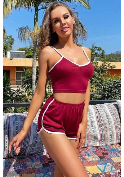 Ang Butik Kadın Bordo Askılı Crop Top Ve Şortlu Gecelik Takım