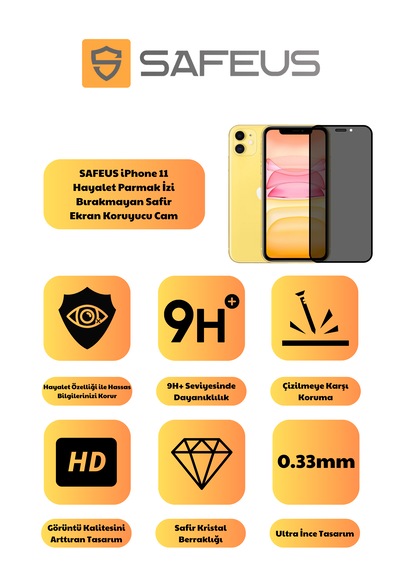 Safeus Tam Kaplayan Hayalet Parmak İzi Bırakmayan Safir Ekran Koruyucu Cam , Apple Uyumlu iPhone 11 İle