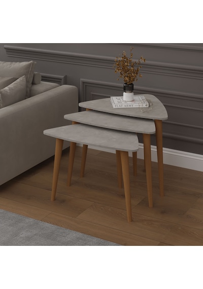 Asra Trend 3'lü Üçgen Zigon Sehpa Takımı SEHPA02 %100 MDF Ahşap Ayaklı Retro Gri