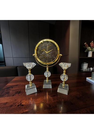 Crystal Gold Dekoratif Masa Saati Seti Lüks Cam & Metal Modern Salon Ve Ofis Aksesuarı Altın
