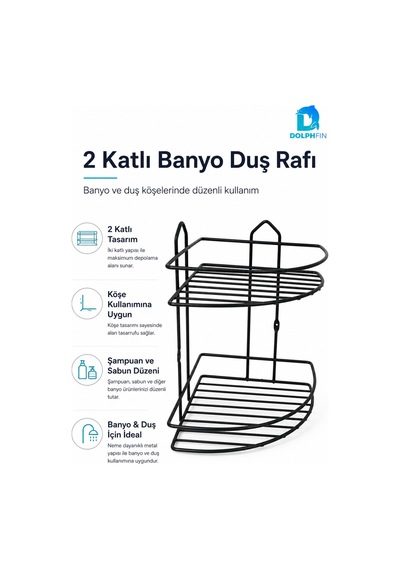 2 Katlı Siyah Banyo Duş Rafı Köşe Metal Şampuan Sabunluk Banyo Düzenleyici Raf