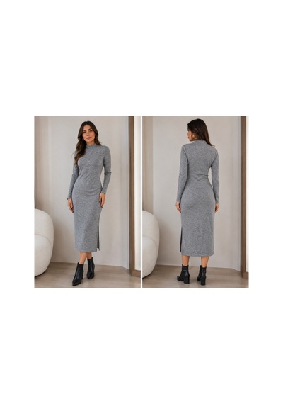 Gül&can Butik Gri Triko Midi Boy Elbise Gri
