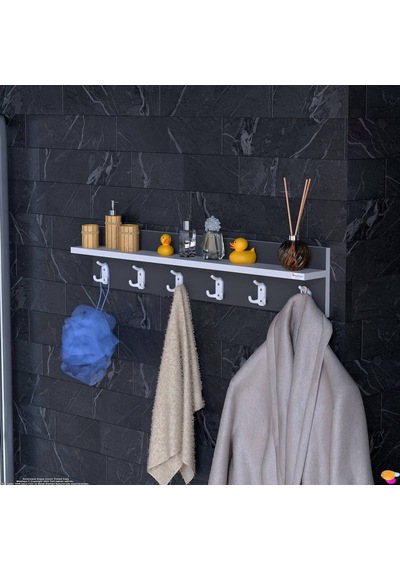 Modilayn Kedi Serisi 6 Lı Banyo Askısı Seti 96,4x18 Cm 18 Kancalı Raflı Düzenleyici Yer Tasarrufu. Antrasit - Beyaz