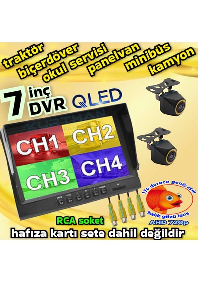 2 Adet 4x3 Cm. Ahd 720p 170 Derece Balık Gözü Lens Kamera 7 İnç Ips Qled 256 Gb Dvr Monitör 12 V