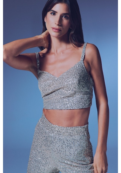 Sateen Kalın Askılı Payet Crop - Bej-135339 BEJ