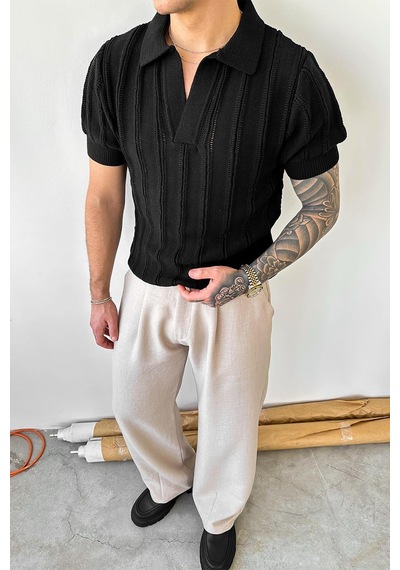 Siyah Striped Knitwear Relaxed Triko Polo Yaka Tişört Siyah