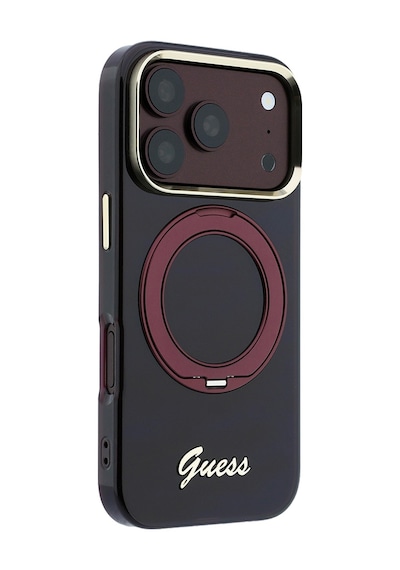 Apple iPhone Uyumlu 18 Pro Kılıf Guess Lisanslı M-safeli Dönebilen Standlı Metal Yazı Logolu Silikon Kapak Bordo