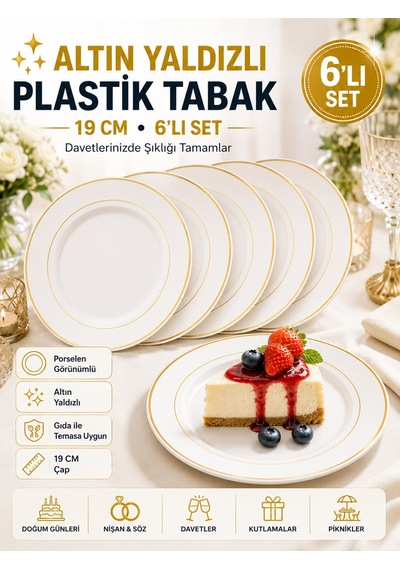 6'lı Altın Yaldızlı Plastik Tabak 19 Cm Porselen Görünümlü Kullan At Parti Davet İkram Tabağı