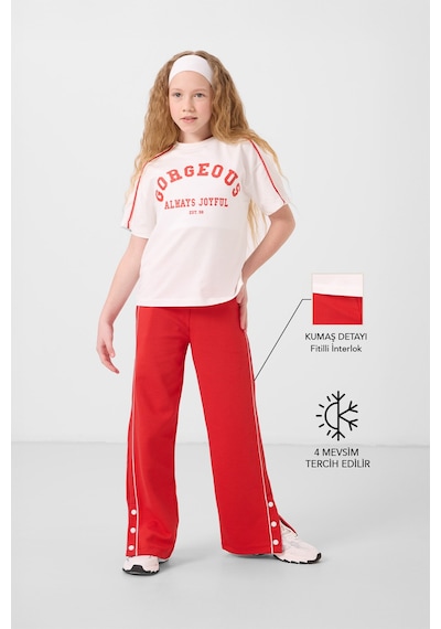 Tommylife Ekru-fiesta O Yaka Baskılı Geniş Paça Çıt Çıt Detaylı Kız Çocuk Palazzo Eşofman Takım - 75172 Ekru/fiesta Ekru - Kırmızı