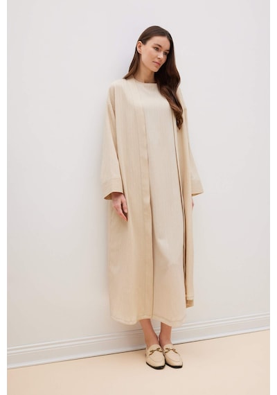 DeFacto Relax Fit Şal Yaka Krinkıl Kumaş Uzun Kimono E1816AX25SPBG757 Bej