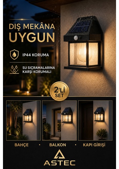 Astec Solar Hareket Sensörlü Duvar Lambası 20w Ip65 Güneş Enerjili Bahçe Apliği Gün Işığı 2 Adet