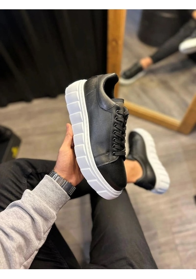 Jy144 Volt Bağcıklı Cilt Erkek Günlük Sneaker Yüksek Taban Ayakkabı Cbt Siyah