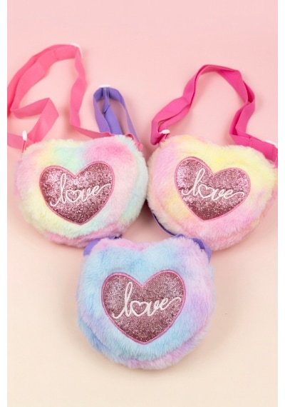 Mollycrush Hediye Love Nakışlı Kız Çocuk Mor Peluş Çanta Simli Kalp Ve Yazı Mor