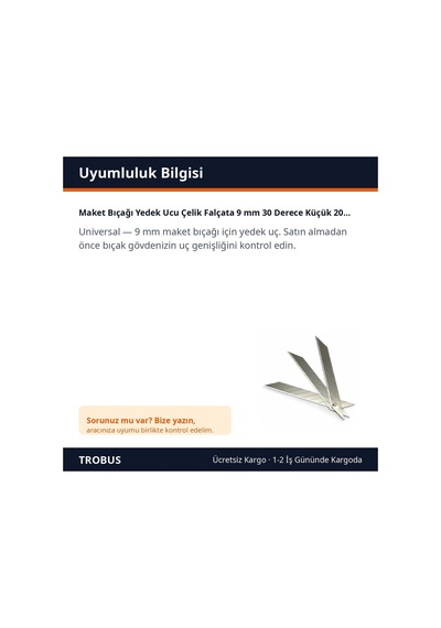 Trobus Maket Bıçağı Yedek Ucu Çelik Falçata 9 Mm 30 Derece Küçük 20'li