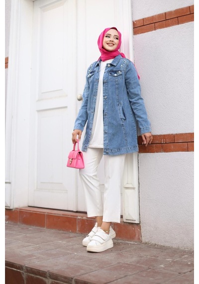 Harman Butik Kadın Boncuk İşlemeli Denim Kot Ceket Kot Mavi Kot Mavi