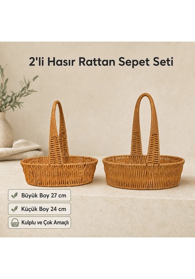 2'li Hasır Rattan Sepet Seti Çok Renkli
