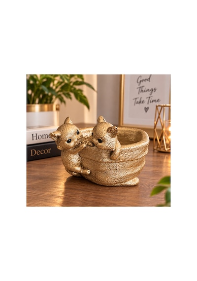 Dekoratif Sevimli Kedi Figürlü Çok Amaçlı Organizer Takı, Toka Ve Anahtarlık Kabı 15x13 Cm Altın