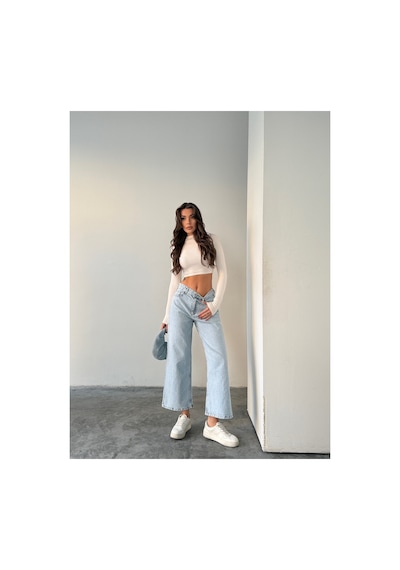 Blue Marlın Buz Kar Yüksek Bel Bilek Boy Kot Bol Paça Jeans Buz Kar
