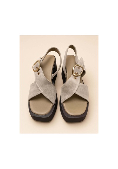 37brandshoes Altın Tokalı, Gri Süet Çapraz Bantlı Platform Sandalet Bej Bej