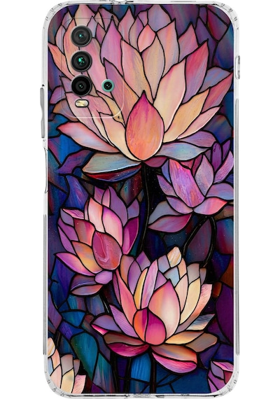 Printify Redmi 9t İle Uyumlu Vitray Sessiz Lotus Tasarımlı Şeffaf Silikon Kılıf Şeffaf