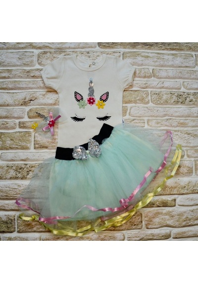 9-12-18 Ay Payetli Pony Nakışlı Tokalı Kısa Kollu Tütü Etek 3lü Kız Bebek Takımı 001