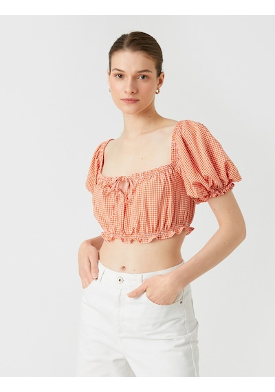 Koton Crop Bluz Kare Yaka Balon Kollu Turuncu Ekose 2sak60189ew Turuncu Koton Crop Bluz Kare Yaka Balon Kollu Turuncu Ekose 2sak60189ew Turuncu
