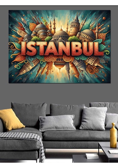 İstanbul İkonik Mimari Şehir Yazısı Dekoratif Kanvas - Mdf Ahşap Tablo