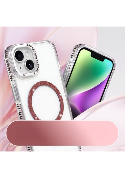 Apple iPhone Uyumlu 13 Kılıf Taşlı Simli Magsafe Kamera Yükseltili Silikon Pazarplus Şeffaf