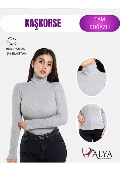 Alya Underwear Kaşkorse Tam Boğazlı Body Sweatshirt, Fitilli Kumaş, Likralı, Gül Kurusu Gri Melanj