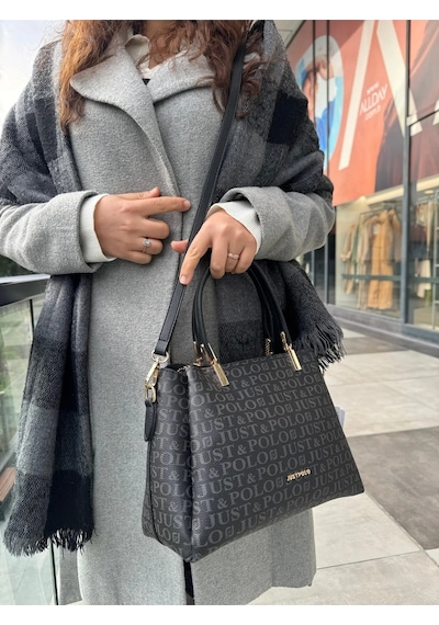 Just Polo Kadın Monogram Baskılı Orijinal El Ve Omuz Çantası Ayarlanabilir Askısıyla 2120mh Siyah