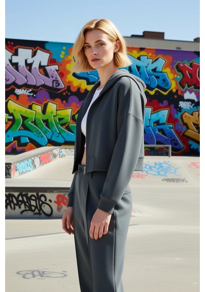 Benerly Kadın Kapüşonlu Fermuarlı Düşük Kol Örme Sweatshirt Fonksiyonel D Antrasit