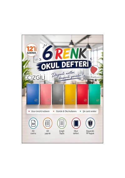 Pp Kapak Spiralli 60 Yaprak A4 Çizgili 12 Adet Defter Çok Renkli