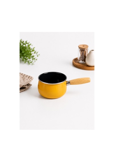 14 Cm Emaye Sütlük Ahşap Saplı Süt Cezvesi Sosluk 1200ml 9 Cm Derinlik Sarı