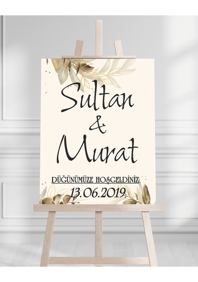 Söz Nişan Düğün İçin 50x70 Karşılama Panosu - Sarı Yaprak Tasarımlı Beyaz