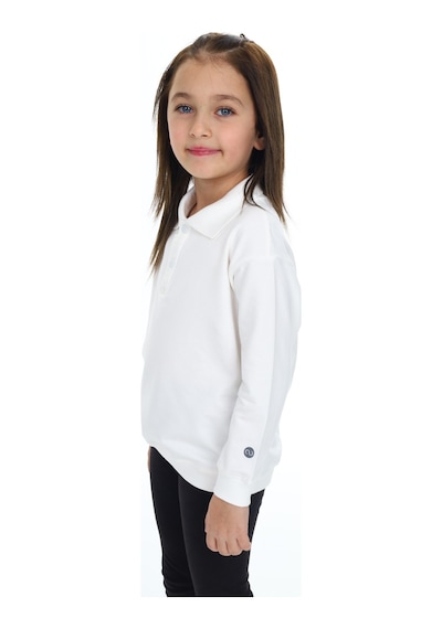 Kız Çocuk Regular Fit Polo Yaka Düşük Omuz Nakış Baskılı Sweatshirt - 2 İplik Ekru