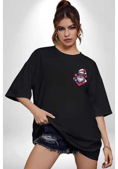 Cool Santa Claus Noel Baba Siyah Oversize Unisex Ön Sol Yan Minimal Baskılı Tişört Koyu Siyah