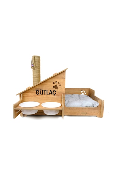 Ahşap Kedi Evi - Mama Kabı-özel Isim Baskılı-meşe Mdf- Beyaz Seramik Kase 2 400ml- Tırmalama Çubuklu
