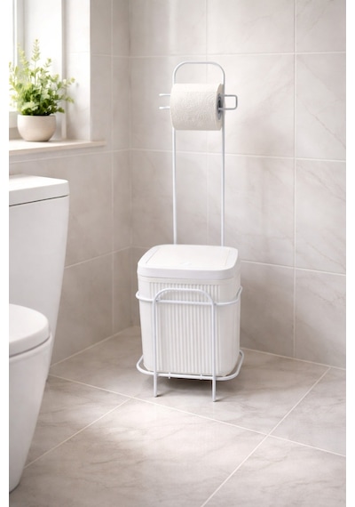 Decorev Metal Standlı Click Kapaklı Banyo Kovası & Tuvalet Kağıtlıklı Banyo Seti Beyaz