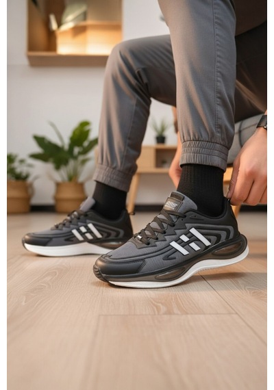 Enoch Erkek Siyah Beyaz Çizgili Sportif Yürüyüş Ayakkabısı - Ortopedik Destekli Sneaker Siyah - Gri