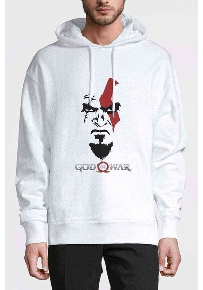 God Of War 2 Face Baskılı Beyaz Erkek Örme Kapşonlu Sweatshirt