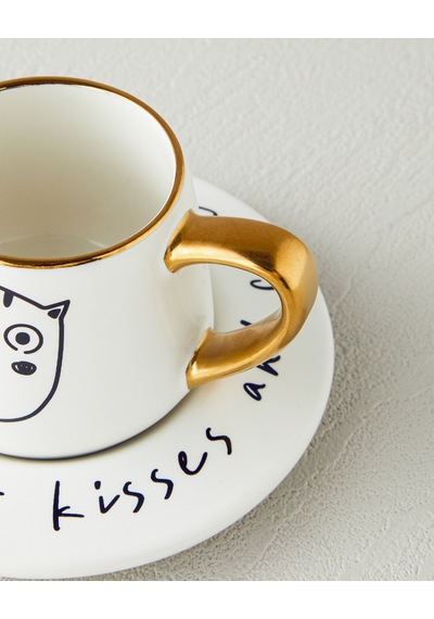 English Home Cute Cat New Bone China 2 Parça 1 Kişilik Kahve Fincan Takımı 90 Ml Siyah-gold Siyah-Gold