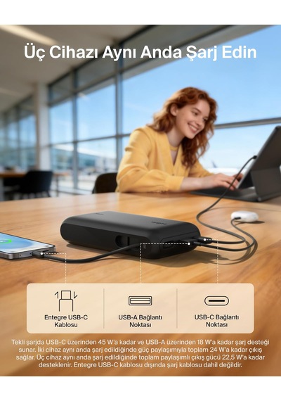 Belkin Ultracharge 20000 Mah Usb-c Kablolu Ve Ekranlı Power Bank, Siyah