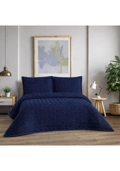 Zikzak Çift Kişilik Yatak Örtüsü Lacivert