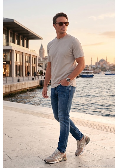 Buratti Streç Pamuklu Slim Fit Sıfır Yaka Erkek T Shirt 5902639 Taş