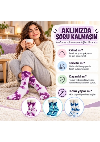 Bezos Unisex Batik Desenli Çorap 3'lü Set Pamuklu Renkli Uzun Soket Dikişsiz Nefes Alan Spor Çorabı Günlük Erdotıca Çok  Renkli