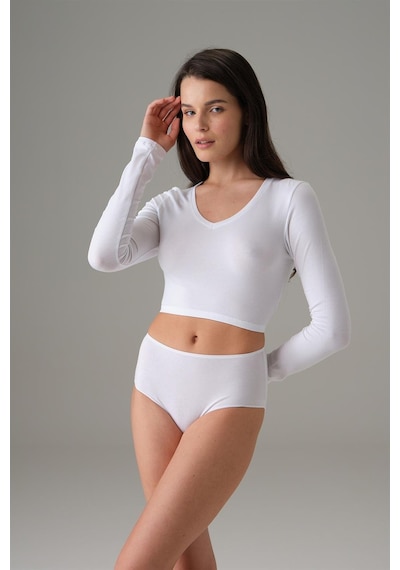 Doreanse Kadın Basic V Yaka Uzun Kol Crop T Shirt 8503-Beyaz